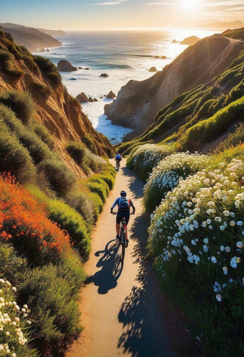 A breathtaking scene of a biker navigating through the stunning California coastal bike path, with vibrant waves crashing against rocky cliffs, lush greenery, and cyclists enjoying the adventure. Highlight various biking gear like helmets and colorful bikes scattered throughout the landscape. The sun is shining brightly, casting a warm glow over the scene. super-realistic. vibrant colors. 3D.