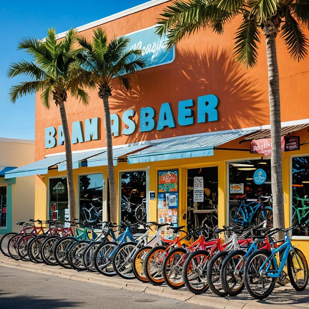 A vibrant collage of local bike shops in PCB, showcasing unique bicycles and essential cycling gear displayed prominently. Include friendly shop owners interacting with cyclists, a sunlit street vibe, and colorful bicycles adorned with stickers. Feature palm trees in the background for a coastal feel, inviting the viewer into a cyclist's paradise. vibrant colors. super-realistic.