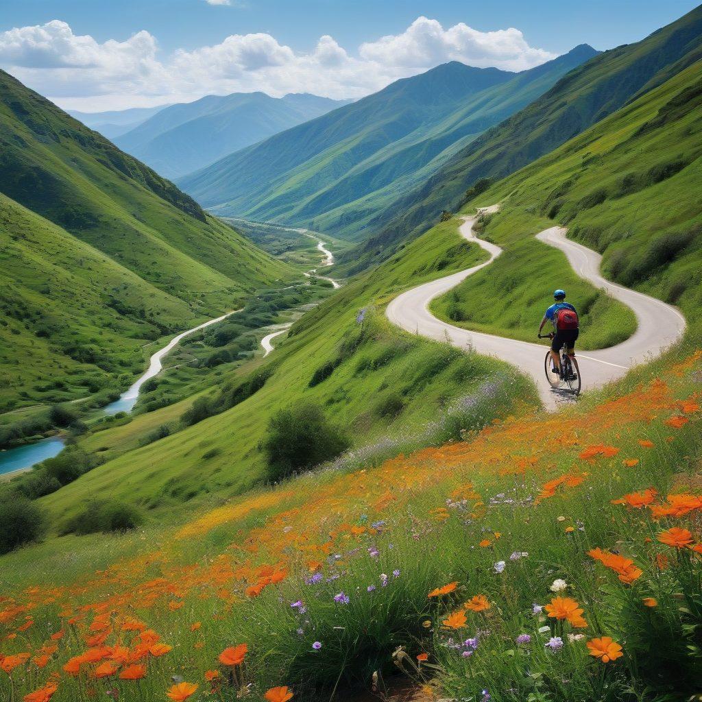 A breathtaking landscape featuring a cyclist navigating a winding mountain trail with scenic panoramic views, surrounded by vibrant wildflowers and lush greenery. In the background, show a serene road snaking through the hills, dotted with cyclists enjoying the ride. Add accessories like helmets and water bottles scattered subtly in the foreground. The atmosphere should evoke freedom and adventure. super-realistic. vibrant colors.